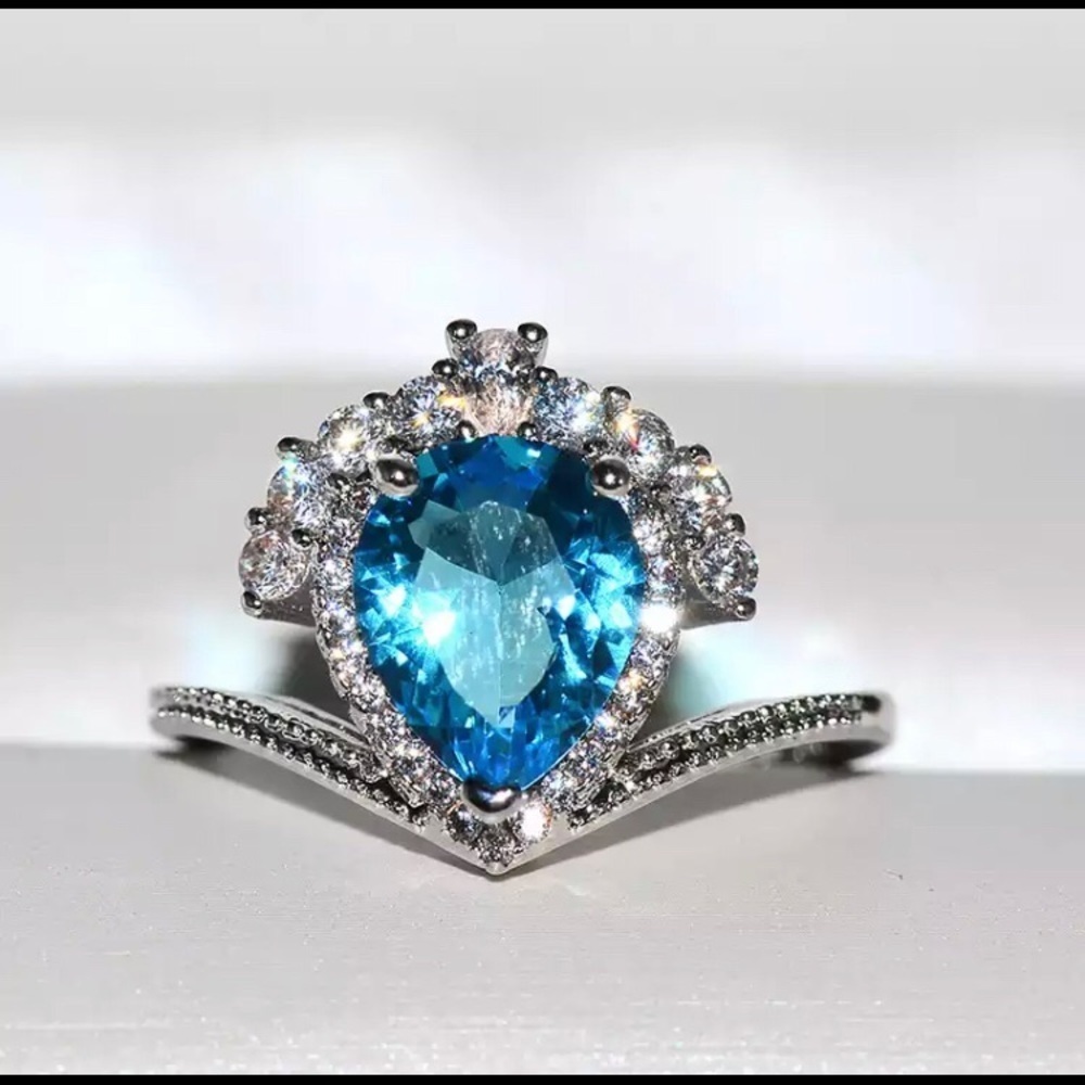 Aqua blue cubic zirconia ring  Women silver ring